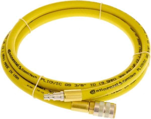 Continental ContiTech - 3/8" ID x 0.6" OD 3' Long Multipurpose Air Hose - Industrial Interchange Safety Coupler x Male Plug Ends, 300 Working psi, -10 to 158°F, 1/4" Fitting, Yellow - Eagle Tool & Supply
