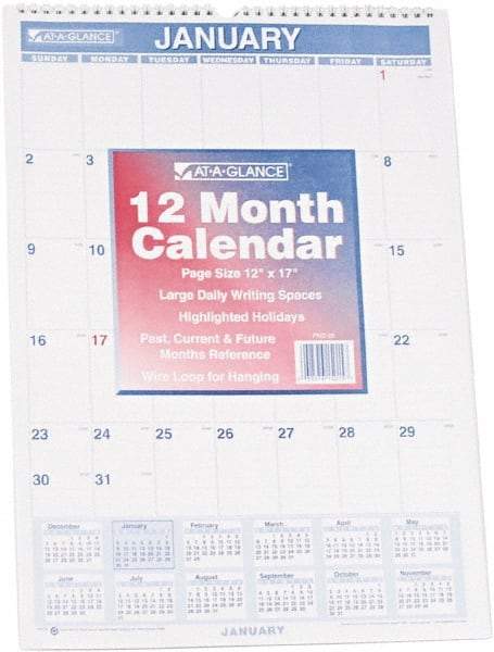 AT-A-GLANCE - 12 Sheet, 12 x 17", Planner Wall Calendar - Blue & Red - Eagle Tool & Supply