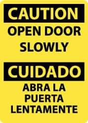 NMC - Caution - Open Door Slowly, Pressure Sensitive Vinyl Fire and Exit Sign - 10" Wide x 14" High, English/Spanish - Eagle Tool & Supply