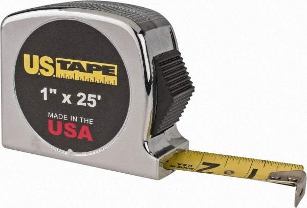 US Tape - 25' x 1" Yellow Blade Tape Measure - 1/32 & 1/16" Graduation, Inch Graduation Style, Silver Case - Eagle Tool & Supply