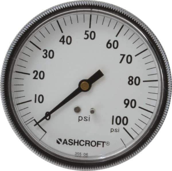 Ashcroft - 3-1/2" Dial, 1/4 Thread, 0-100 Scale Range, Pressure Gauge - Center Back Connection Mount - Eagle Tool & Supply