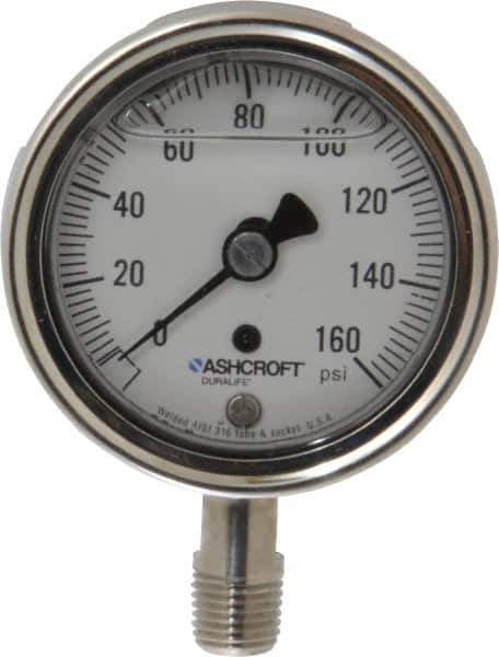 Ashcroft - 2-1/2" Dial, 1/4 Thread, 0-160 Scale Range, Pressure Gauge - Lower Connection Mount, Accurate to 1% of Scale - Eagle Tool & Supply