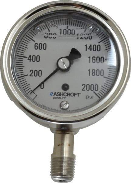 Ashcroft - 2-1/2" Dial, 1/4 Thread, 0-2,000 Scale Range, Pressure Gauge - Lower Connection Mount, Accurate to 1% of Scale - Eagle Tool & Supply