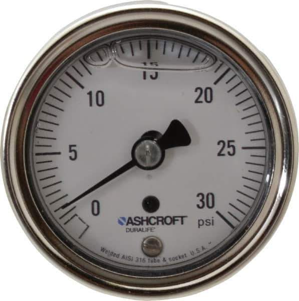 Ashcroft - 2-1/2" Dial, 1/4 Thread, 0-30 Scale Range, Pressure Gauge - Center Back Connection Mount, Accurate to 1% of Scale - Eagle Tool & Supply