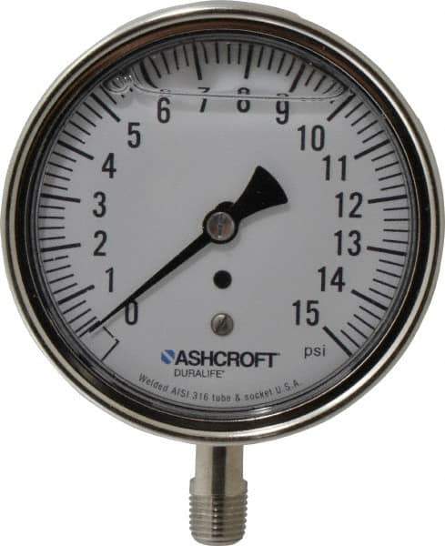 Ashcroft - 3-1/2" Dial, 1/4 Thread, 0-15 Scale Range, Pressure Gauge - Lower Connection Mount, Accurate to 1% of Scale - Eagle Tool & Supply