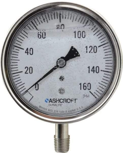 Ashcroft - 3-1/2" Dial, 1/4 Thread, 0-160 Scale Range, Pressure Gauge - Lower Connection Mount, Accurate to 1% of Scale - Eagle Tool & Supply