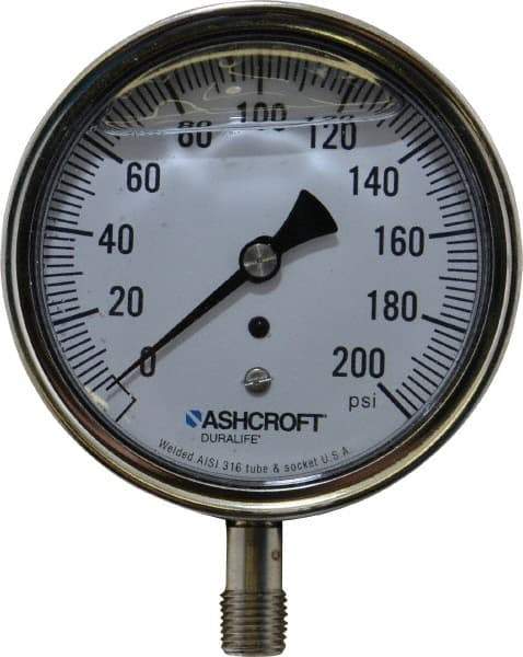 Ashcroft - 3-1/2" Dial, 1/4 Thread, 0-200 Scale Range, Pressure Gauge - Lower Connection Mount, Accurate to 1% of Scale - Eagle Tool & Supply