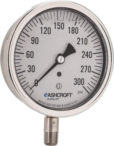 Ashcroft - 3-1/2" Dial, 1/4 Thread, 0-300 Scale Range, Pressure Gauge - Lower Connection Mount, Accurate to 1% of Scale - Eagle Tool & Supply