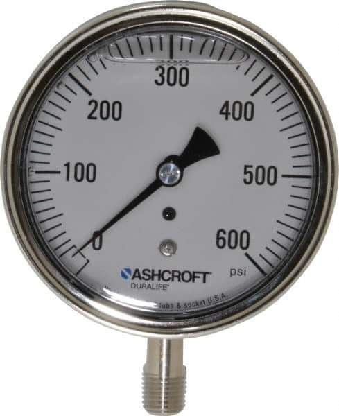Ashcroft - 3-1/2" Dial, 1/4 Thread, 0-600 Scale Range, Pressure Gauge - Lower Connection Mount, Accurate to 1% of Scale - Eagle Tool & Supply