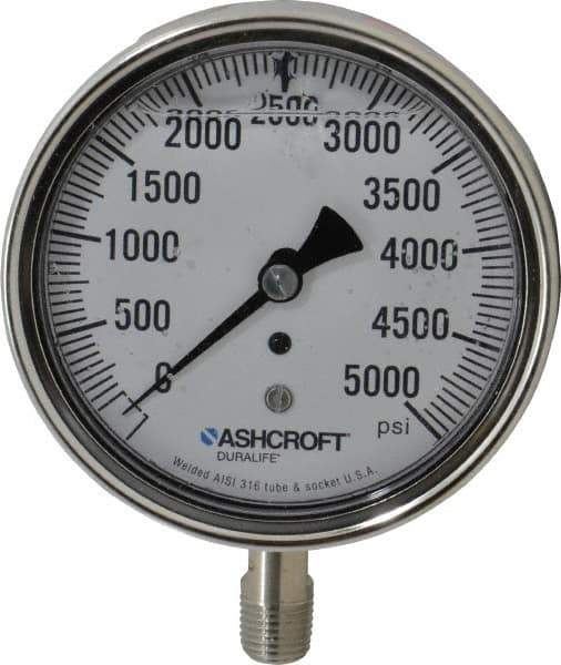 Ashcroft - 3-1/2" Dial, 1/4 Thread, 0-5,000 Scale Range, Pressure Gauge - Lower Connection Mount, Accurate to 1% of Scale - Eagle Tool & Supply