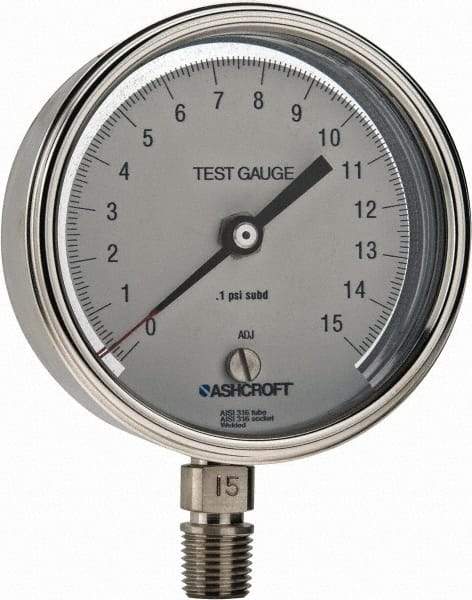 Ashcroft - 3" Dial, 1/4 Thread, 0-15 Scale Range, Pressure Gauge - Lower Connection Mount, Accurate to 0.5% of Scale - Eagle Tool & Supply