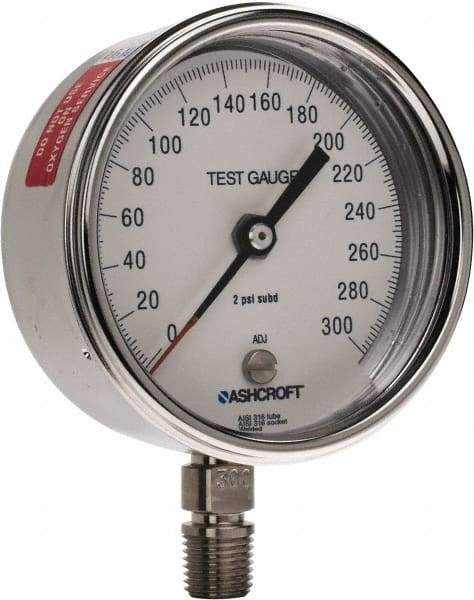 Ashcroft - 3" Dial, 1/4 Thread, 0-300 Scale Range, Pressure Gauge - Lower Connection Mount, Accurate to 0.5% of Scale - Eagle Tool & Supply