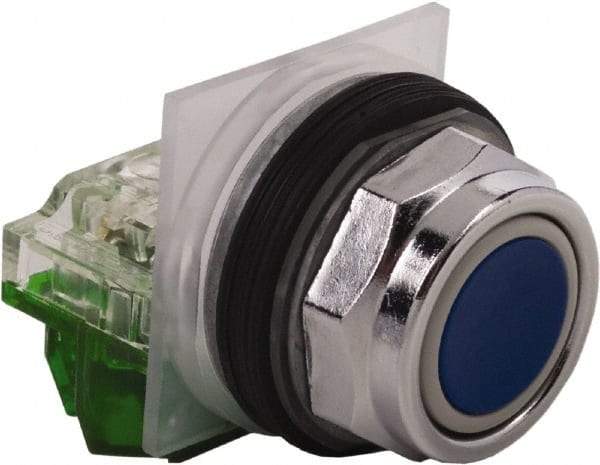 Schneider Electric - 30mm Mount Hole, Extended Straight, Pushbutton Switch with Contact Block - Blue Pushbutton, Momentary (MO) - Eagle Tool & Supply