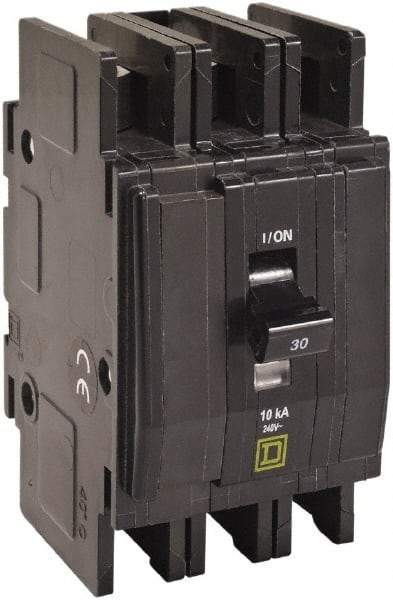 Square D - 10 Amp, 240 VAC, 3 Pole, DIN Rail Mounted, Flush Mount, Surface Mount Miniature Circuit Breaker - Thermal Magnetic Trip, 10 kA at 120/240 VAC Breaking Capacity, 14-2 (Aluminum), 14-2 (Copper) AWG, 74mm Deep x 103mm High x 19mm Wide - Eagle Tool & Supply