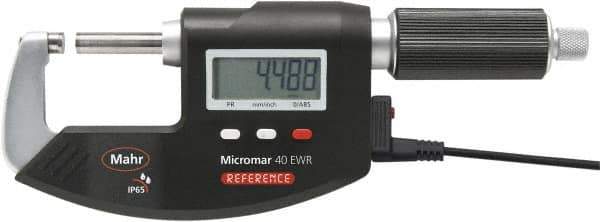 Mahr - 1 to 2" Range, 0.00005" Resolution, Standard Throat IP65 Electronic Outside Micrometer - Ratchet Stop Thimble, Carbide-Tipped Face, CR2032 Battery - Eagle Tool & Supply