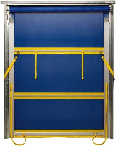 TMI, LLC - 8' Door Width x 8' Door Height PVC Mesh Bug Screen & Spring Loaded Manuel (Style) Roll Up Dock Screen - Blue/Yellow - Eagle Tool & Supply