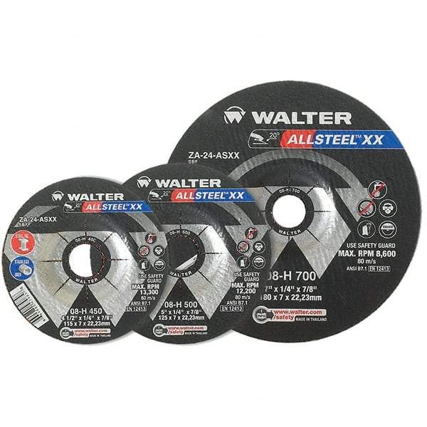 WALTER Surface Technologies - 24 Grit, 9" Wheel Diam, 1/4" Wheel Thickness, 7/8" Arbor Hole, Type 27 Depressed Center Wheel - Aluminum Oxide, Resinoid Bond, 6,600 Max RPM - Eagle Tool & Supply