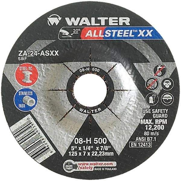 WALTER Surface Technologies - 24 Grit, 5" Wheel Diam, 1/4" Wheel Thickness, 7/8" Arbor Hole, Type 27 Depressed Center Wheel - Aluminum Oxide, Resinoid Bond, 12,200 Max RPM - Eagle Tool & Supply