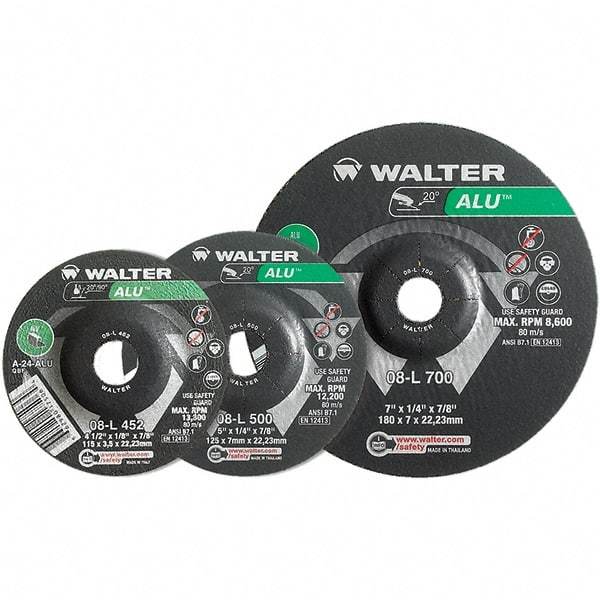WALTER Surface Technologies - 24 Grit, 9" Wheel Diam, 1/4" Wheel Thickness, Type 27 Depressed Center Wheel - Aluminum Oxide, Resinoid Bond, 6,600 Max RPM - Eagle Tool & Supply