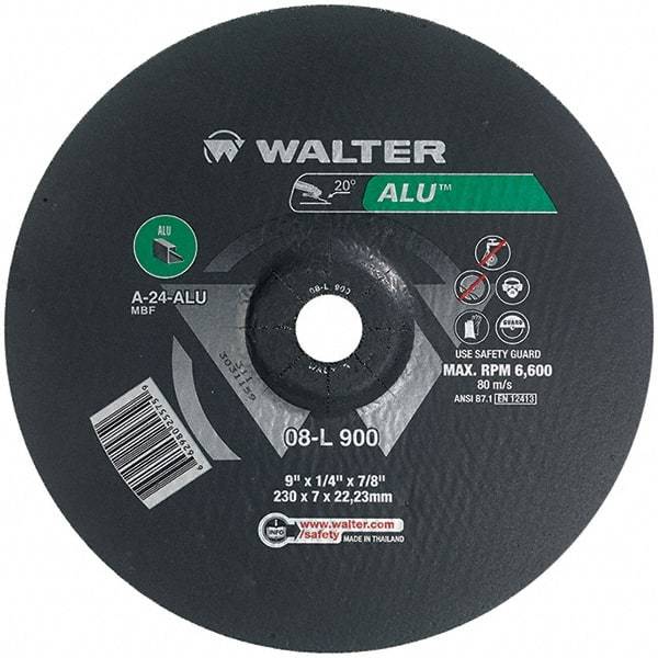 WALTER Surface Technologies - 24 Grit, 9" Wheel Diam, 1/4" Wheel Thickness, 7/8" Arbor Hole, Type 27 Depressed Center Wheel - Aluminum Oxide, Resinoid Bond, 6,600 Max RPM - Eagle Tool & Supply