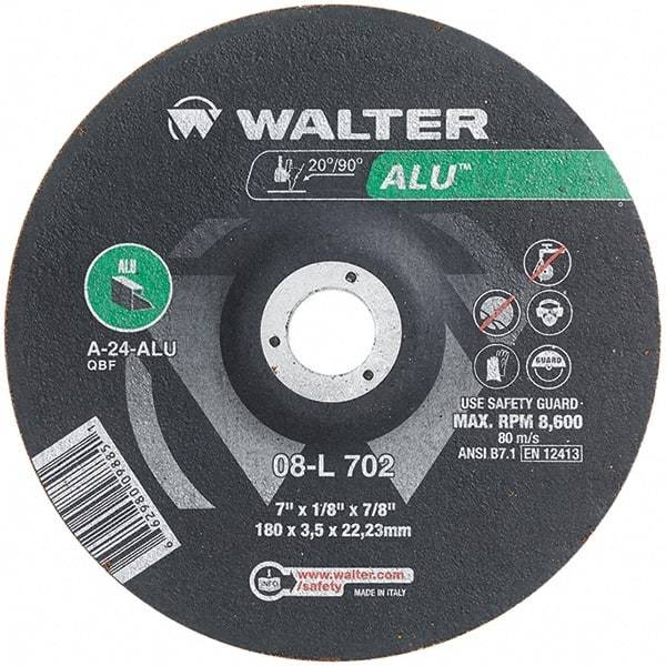WALTER Surface Technologies - 24 Grit, 7" Wheel Diam, 1/8" Wheel Thickness, 7/8" Arbor Hole, Type 27 Depressed Center Wheel - Aluminum Oxide, Resinoid Bond, 8,600 Max RPM - Eagle Tool & Supply