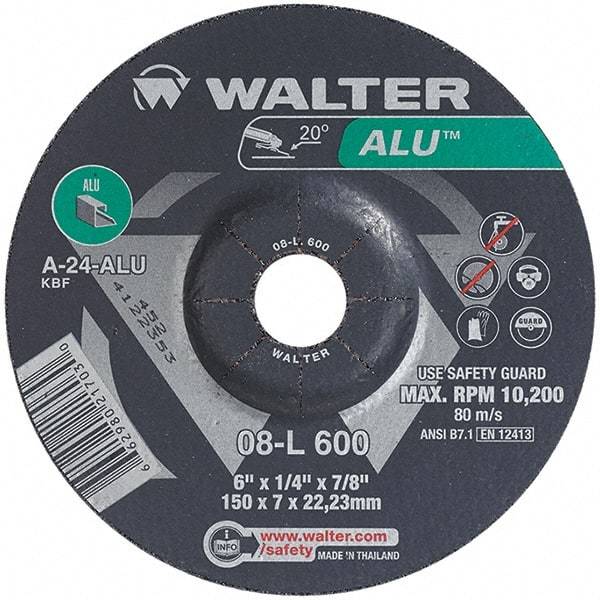 WALTER Surface Technologies - 24 Grit, 6" Wheel Diam, 1/4" Wheel Thickness, 7/8" Arbor Hole, Type 27 Depressed Center Wheel - Aluminum Oxide, Resinoid Bond, 10,200 Max RPM - Eagle Tool & Supply