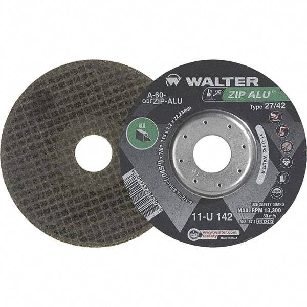 WALTER Surface Technologies - 60 Grit, 5" Wheel Diam, 3/64" Wheel Thickness, 7/8" Arbor Hole, Type 27 Depressed Center Wheel - Aluminum Oxide, Resinoid Bond, 12,200 Max RPM - Eagle Tool & Supply