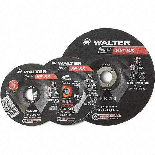 WALTER Surface Technologies - 16 Grit, 9" Wheel Diam, 1/4" Wheel Thickness, Type 28 Depressed Center Wheel - Aluminum Oxide, Resinoid Bond, 6,600 Max RPM - Eagle Tool & Supply