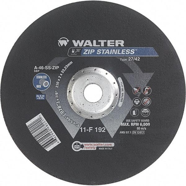 WALTER Surface Technologies - 46 Grit, 9" Wheel Diam, 5/64" Wheel Thickness, 7/8" Arbor Hole, Type 27 Depressed Center Wheel - Aluminum Oxide/Silicon Carbide Blend, Resinoid Bond, 6,600 Max RPM - Eagle Tool & Supply