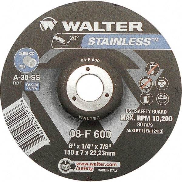 WALTER Surface Technologies - 30 Grit, 6" Wheel Diam, 1/4" Wheel Thickness, 7/8" Arbor Hole, Type 27 Depressed Center Wheel - Aluminum Oxide, Resinoid Bond, 10,200 Max RPM - Eagle Tool & Supply