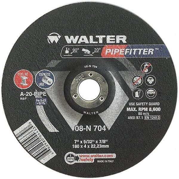 WALTER Surface Technologies - 20 Grit, 7" Wheel Diam, 5/32" Wheel Thickness, 7/8" Arbor Hole, Type 27 Depressed Center Wheel - Aluminum Oxide/Silicon Carbide Blend, Resinoid Bond, 8,600 Max RPM - Eagle Tool & Supply