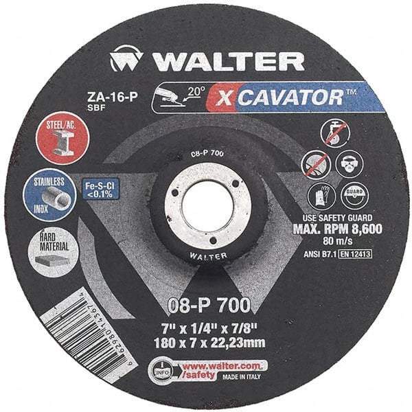 WALTER Surface Technologies - 16 Grit, 9" Wheel Diam, 1/4" Wheel Thickness, Type 27 Depressed Center Wheel - Aluminum Oxide, Resinoid Bond, 6,600 Max RPM - Eagle Tool & Supply