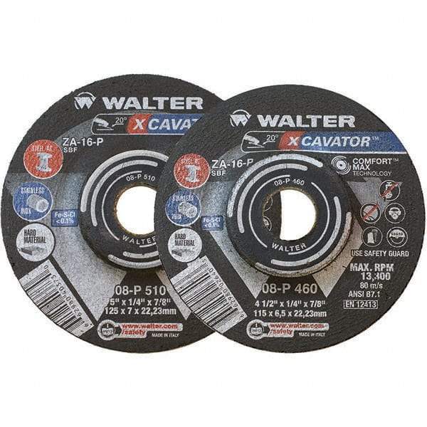 WALTER Surface Technologies - 16 Grit, 9" Wheel Diam, 1/4" Wheel Thickness, 7/8" Arbor Hole, Type 27 Depressed Center Wheel - Aluminum Oxide, Resinoid Bond, 6,600 Max RPM - Eagle Tool & Supply