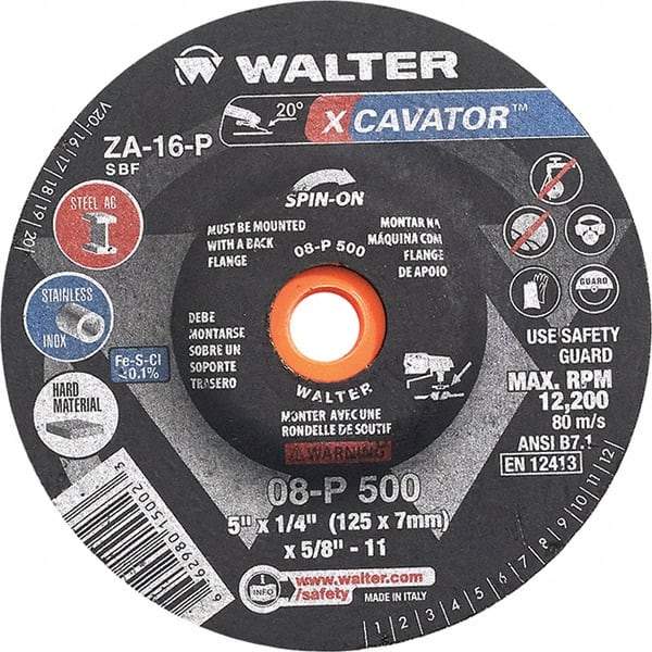 WALTER Surface Technologies - 16 Grit, 5" Wheel Diam, 1/4" Wheel Thickness, Type 27 Depressed Center Wheel - Aluminum Oxide, Resinoid Bond, 12,200 Max RPM - Eagle Tool & Supply