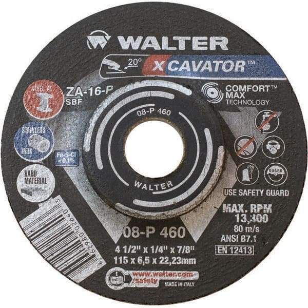 WALTER Surface Technologies - 16 Grit, 4-1/2" Wheel Diam, 1/4" Wheel Thickness, 7/8" Arbor Hole, Type 27 Depressed Center Wheel - Aluminum Oxide, Resinoid Bond, 13,300 Max RPM - Eagle Tool & Supply