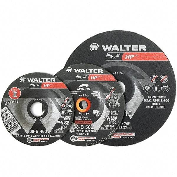WALTER Surface Technologies - 24 Grit, 9" Wheel Diam, 1/4" Wheel Thickness, Type 28 Depressed Center Wheel - Aluminum Oxide, Resinoid Bond, 6,600 Max RPM - Eagle Tool & Supply