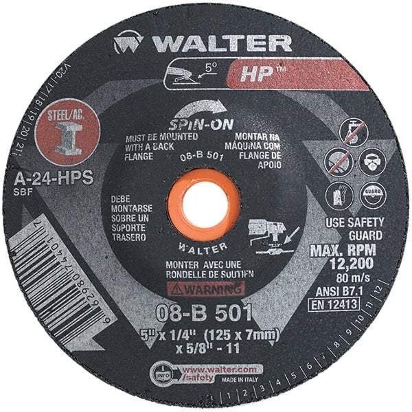 WALTER Surface Technologies - 24 Grit, 5" Wheel Diam, 1/4" Wheel Thickness, Type 28 Depressed Center Wheel - Aluminum Oxide, Resinoid Bond, 12,200 Max RPM - Eagle Tool & Supply