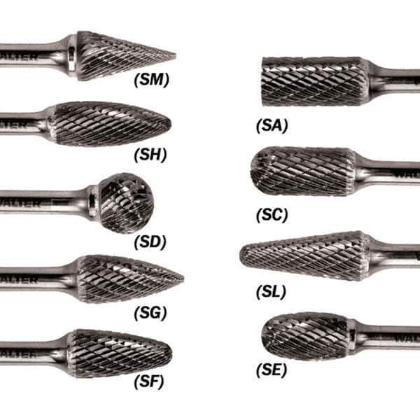 WALTER Surface Technologies - 1/4" Cut Diam, 1/4" Shank Diam, Taper Head Double Cut Burr - Carbide, 5/8" LOC - Eagle Tool & Supply