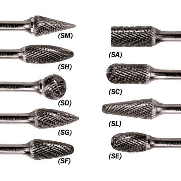 WALTER Surface Technologies - 1/4" Cut Diam, 1/4" Shank Diam, Taper Head Double Cut Burr - Carbide, 5/8" LOC - Eagle Tool & Supply
