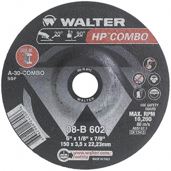 WALTER Surface Technologies - 30 Grit, 6" Wheel Diam, 1/8" Wheel Thickness, 7/8" Arbor Hole, Type 27 Depressed Center Wheel - Aluminum Oxide, Resinoid Bond, 10,200 Max RPM - Eagle Tool & Supply