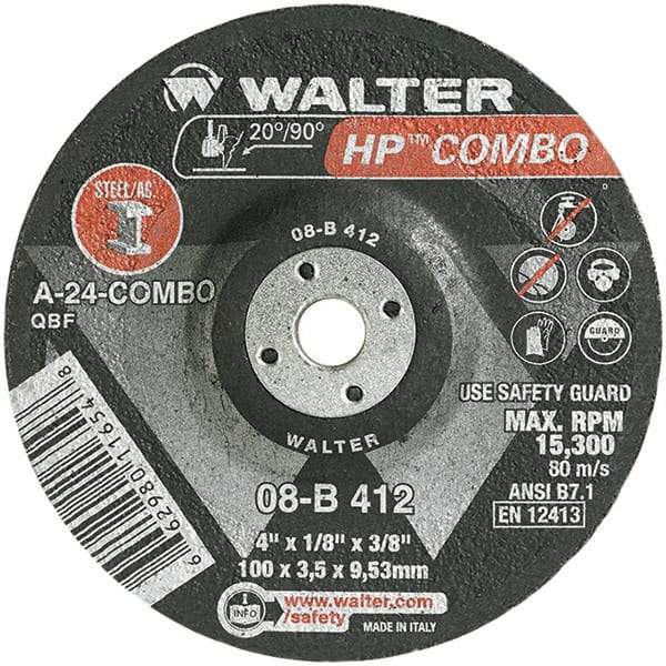 WALTER Surface Technologies - 24 Grit, 4" Wheel Diam, 1/8" Wheel Thickness, 3/8" Arbor Hole, Type 27 Depressed Center Wheel - Aluminum Oxide, Resinoid Bond, 15,000 Max RPM - Eagle Tool & Supply