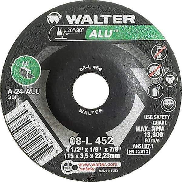 WALTER Surface Technologies - 24 Grit, 4-1/2" Wheel Diam, 1/8" Wheel Thickness, 7/8" Arbor Hole, Type 27 Depressed Center Wheel - Aluminum Oxide, Resinoid Bond, 13,300 Max RPM - Eagle Tool & Supply