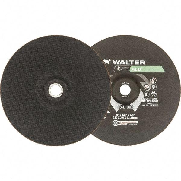 WALTER Surface Technologies - 24 Grit, 9" Wheel Diam, 1/8" Wheel Thickness, 7/8" Arbor Hole, Type 27 Depressed Center Wheel - Aluminum Oxide, Resinoid Bond, 6,600 Max RPM - Eagle Tool & Supply