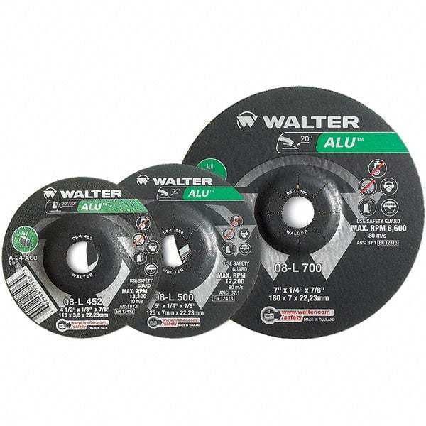 WALTER Surface Technologies - 24 Grit, 9" Wheel Diam, 1/8" Wheel Thickness, Type 27 Depressed Center Wheel - Aluminum Oxide, Resinoid Bond, 6,600 Max RPM - Eagle Tool & Supply