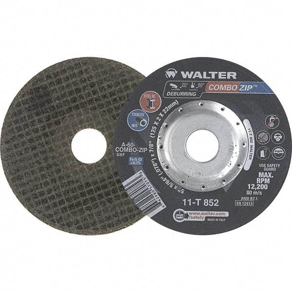 WALTER Surface Technologies - 60 Grit, 5" Wheel Diam, 5/64" Wheel Thickness, 7/8" Arbor Hole, Type 27 Depressed Center Wheel - 12,200 Max RPM - Eagle Tool & Supply
