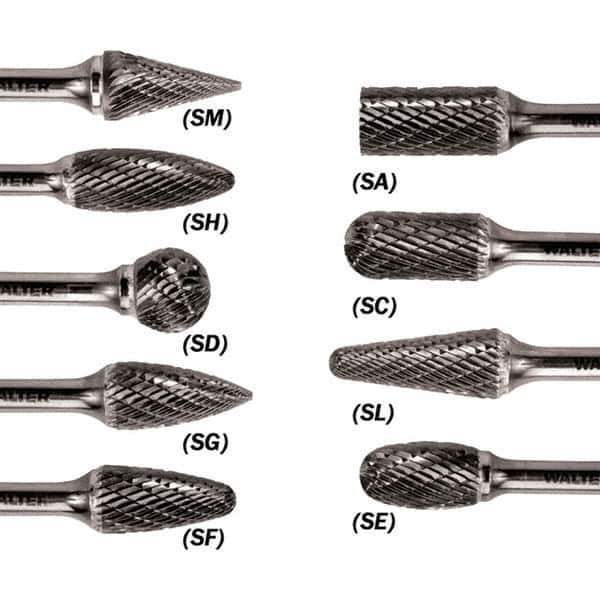 WALTER Surface Technologies - 3/8" Cut Diam, 1/4" Shank Diam, Taper Head Double Cut Burr - Carbide, 3/4" LOC - Eagle Tool & Supply