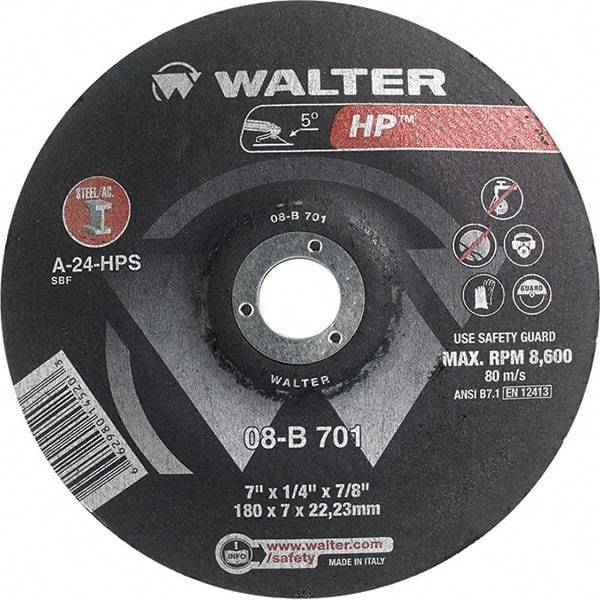WALTER Surface Technologies - 24 Grit, 7" Wheel Diam, 1/4" Wheel Thickness, 7/8" Arbor Hole, Type 28 Depressed Center Wheel - Aluminum Oxide, Resinoid Bond, 8,600 Max RPM - Eagle Tool & Supply