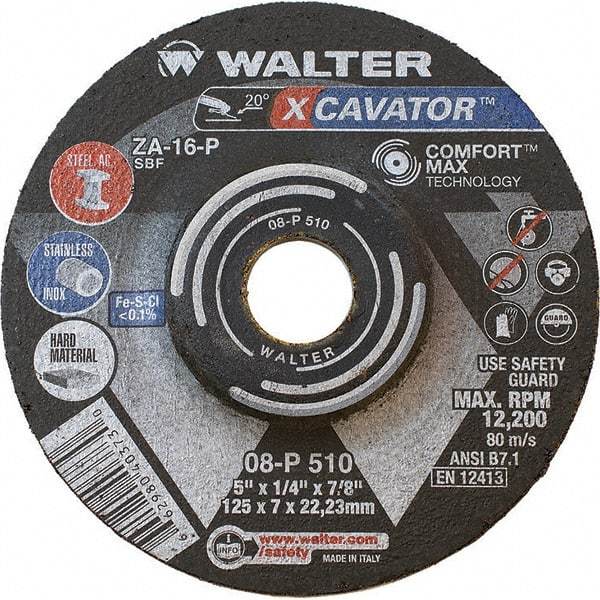 WALTER Surface Technologies - 16 Grit, 5" Wheel Diam, 1/4" Wheel Thickness, 7/8" Arbor Hole, Type 27 Depressed Center Wheel - Aluminum Oxide, Resinoid Bond, 12,200 Max RPM - Eagle Tool & Supply