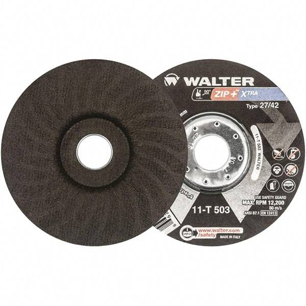 WALTER Surface Technologies - 46 Grit, 5" Wheel Diam, 1/16" Wheel Thickness, 7/8" Arbor Hole, Type 27 Depressed Center Wheel - Aluminum Oxide, Resinoid Bond, 12,200 Max RPM - Eagle Tool & Supply