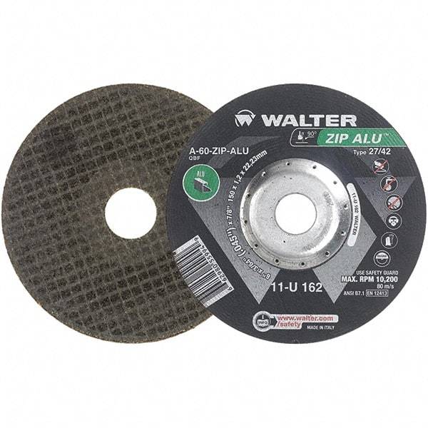 WALTER Surface Technologies - 60 Grit, 6" Wheel Diam, 3/64" Wheel Thickness, 7/8" Arbor Hole, Type 27 Depressed Center Wheel - Aluminum Oxide, Resinoid Bond, 10,200 Max RPM - Eagle Tool & Supply